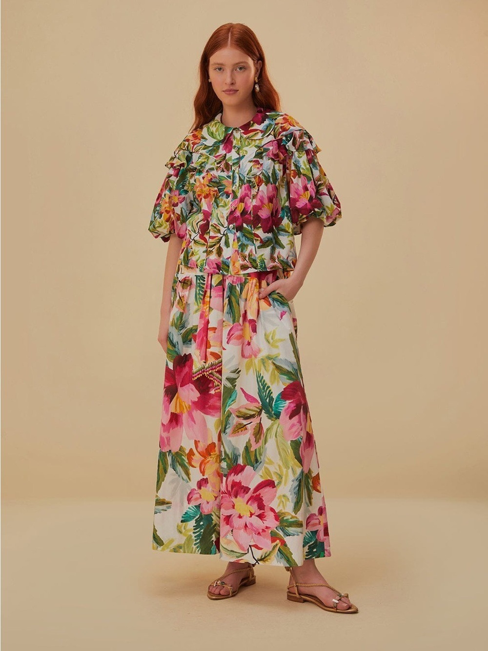 Farm Rio Off-White Painted Flowers Maxi Skirt